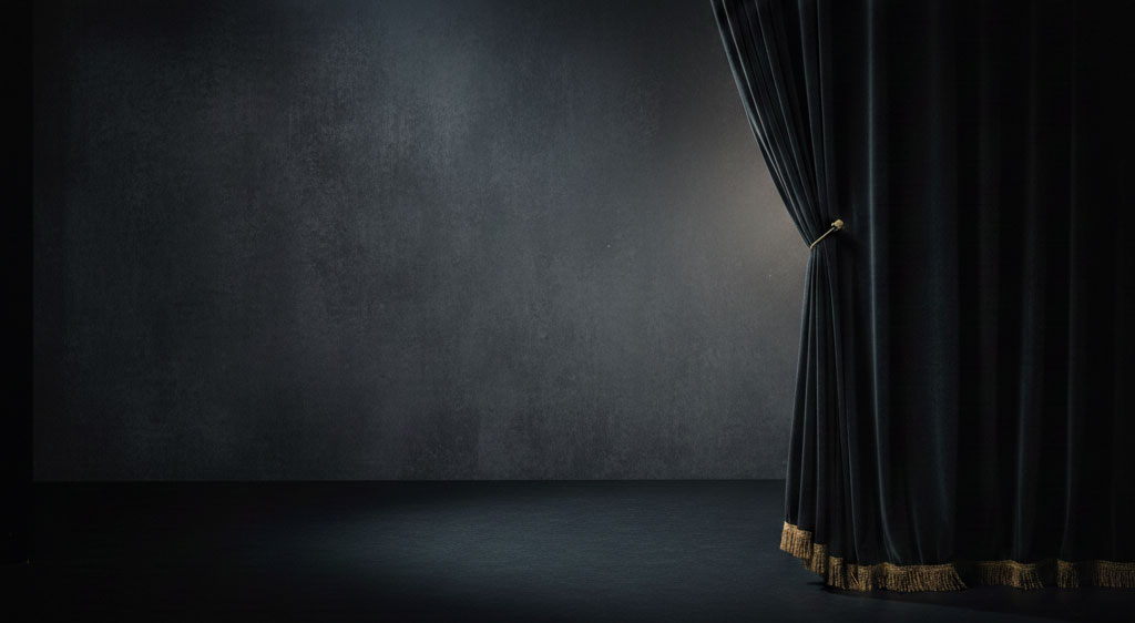 Rideau de scène entrouvert sur des coulisses sombres : illustration introspective sur la réalité du métier de magicien.